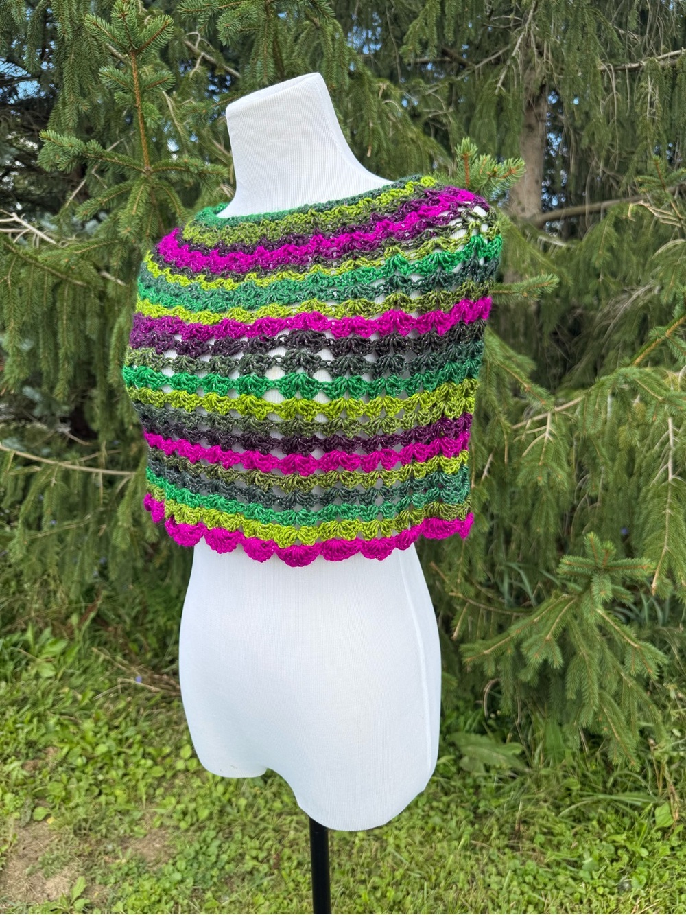 Handmade Striped Crochet Shawlette in Green and Pink (with glittery affect)